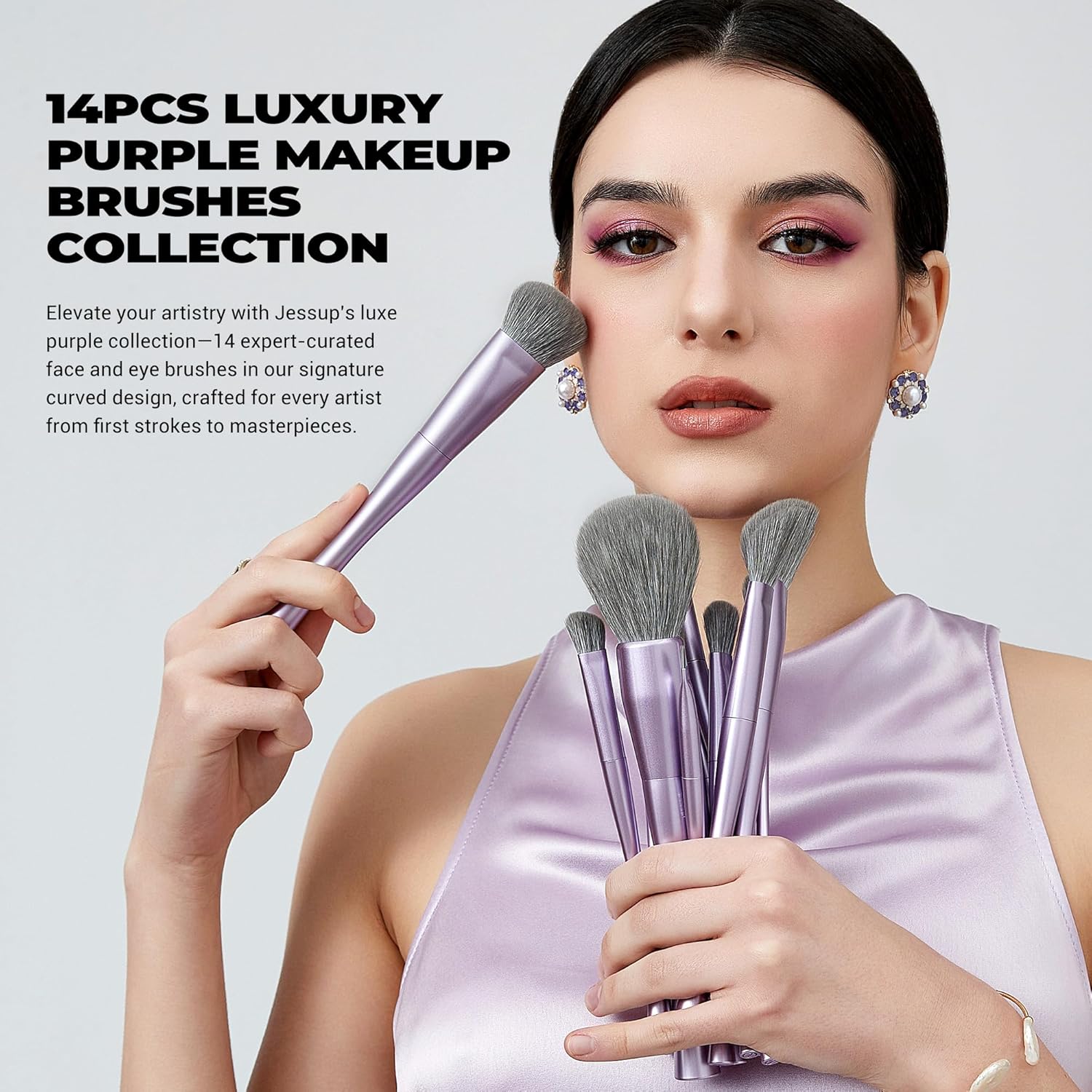 Jessup Makeup Luxury Purple Makeup Brush Set of 14pcs