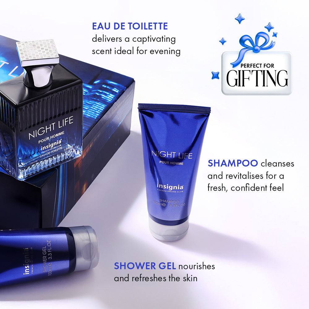 Insignia Night Life Exclusive Collection 3-Piece Gift Set –  Eau De Toilette, Shower Gel & Shampoo 100ml Each