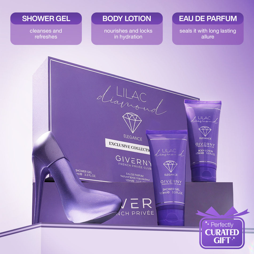 Lilac Diamond Gift Set – 3 Pcs | Eau De Parfum, Body Lotion & Shower Gel - 100ml Each