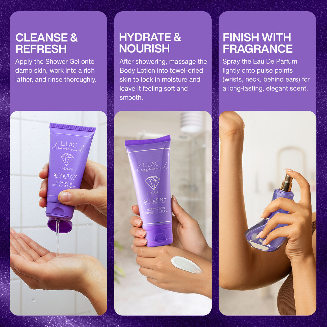 Lilac Diamond Gift Set – 3 Pcs | Eau De Parfum, Body Lotion & Shower Gel - 100ml Each