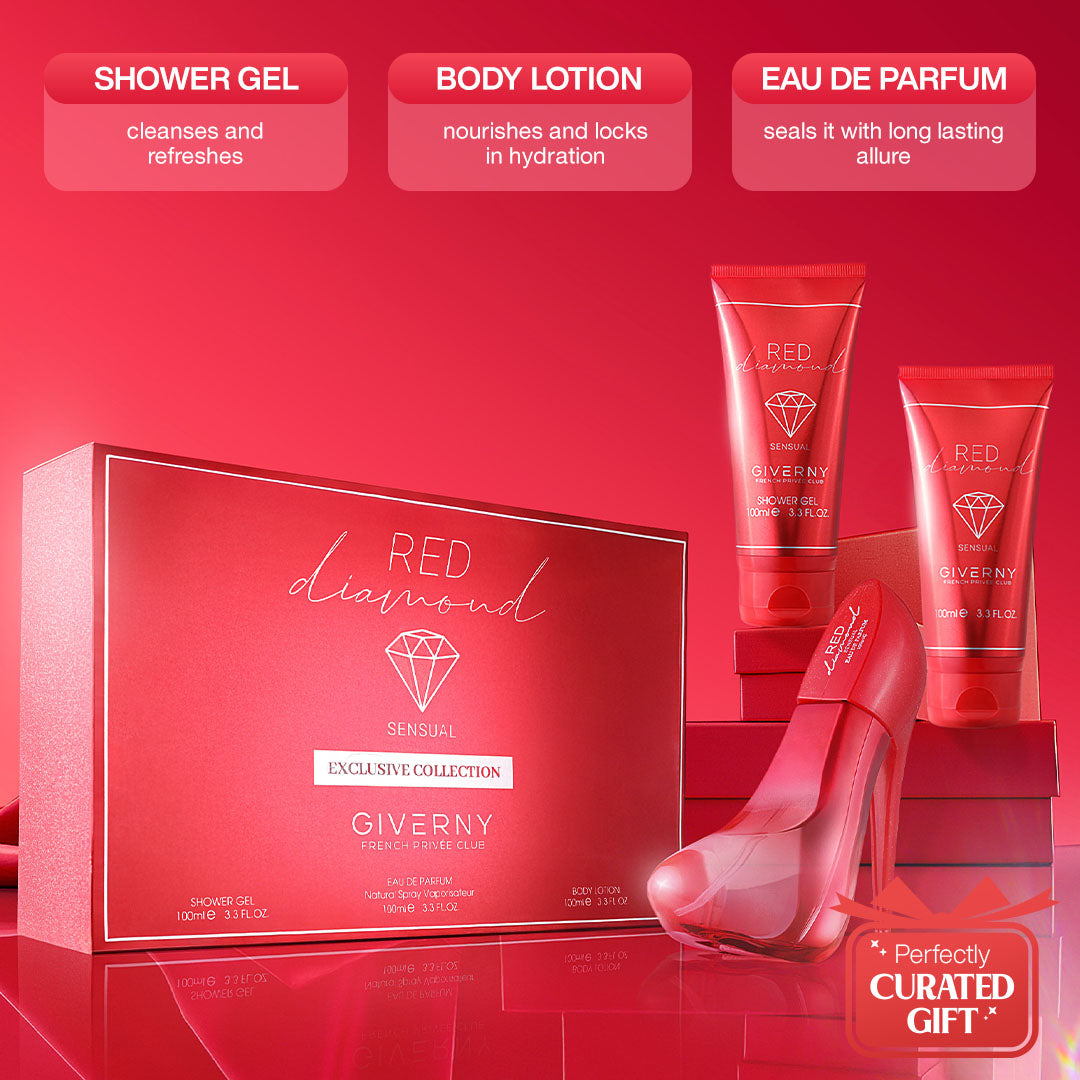 Red Diamond Gift Set – 3 Pcs | Eau De Parfum, Body Lotion & Shower Gel - 100ml Each