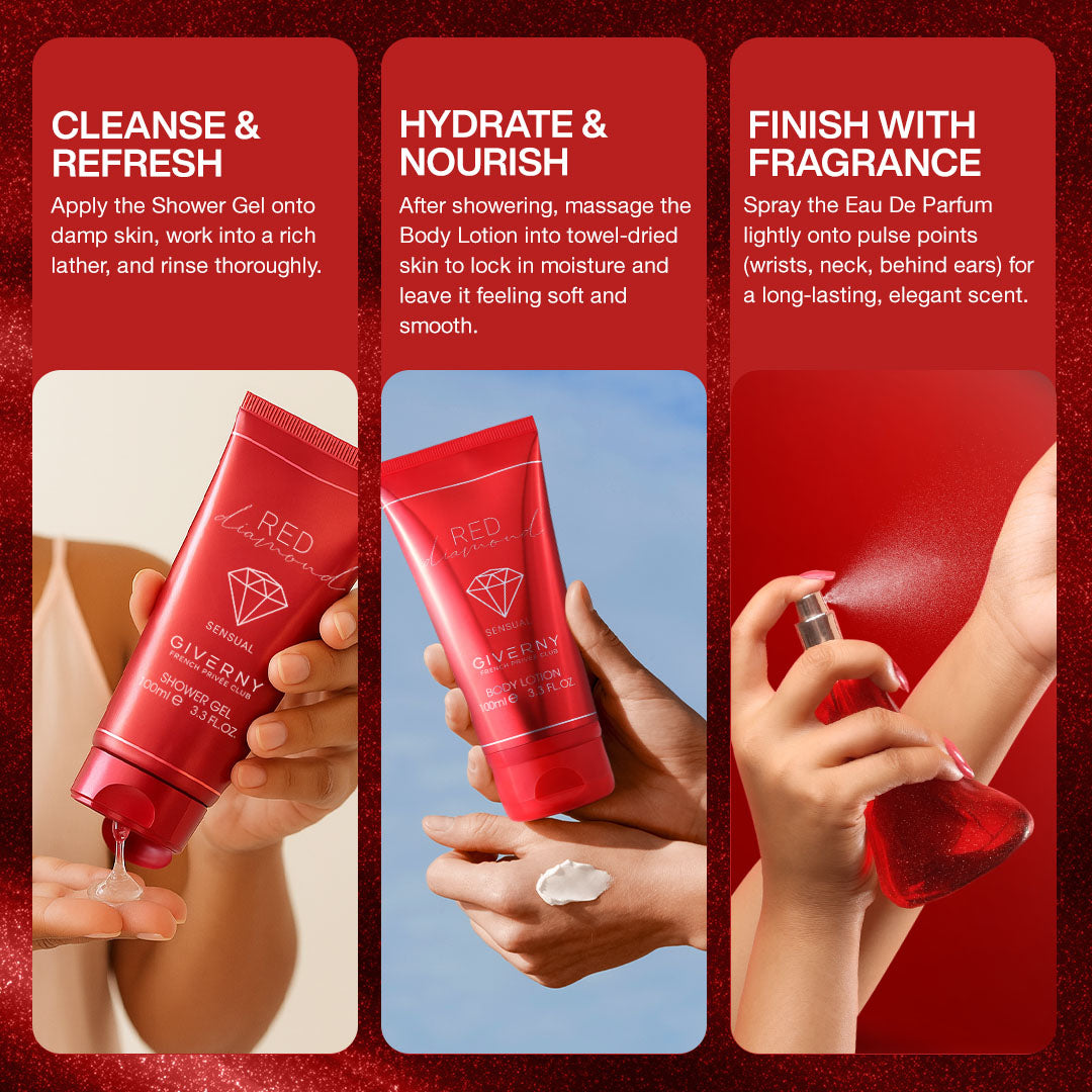 Red Diamond Gift Set – 3 Pcs | Eau De Parfum, Body Lotion & Shower Gel - 100ml Each
