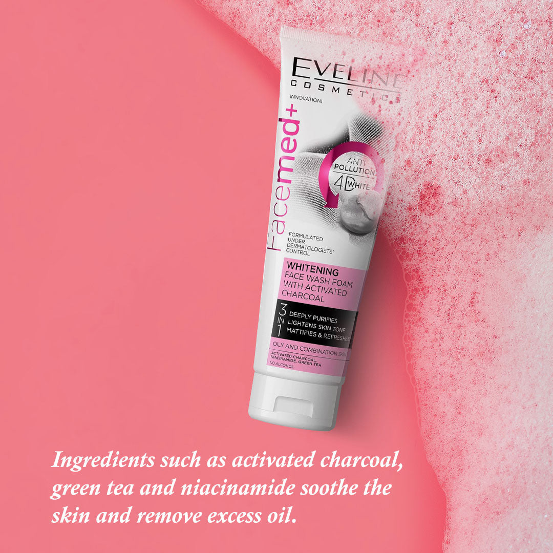 Eveline Cosmetics Facemed+ Whitening Face Wash Foam With Activated Charcoal 3 In 1 100ml