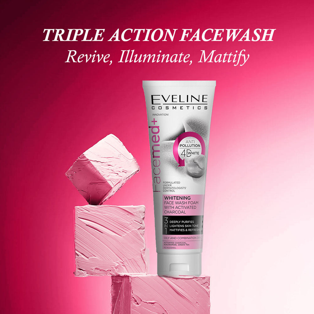 Eveline Cosmetics Facemed+ Whitening Face Wash Foam With Activated Charcoal 3 In 1 100ml