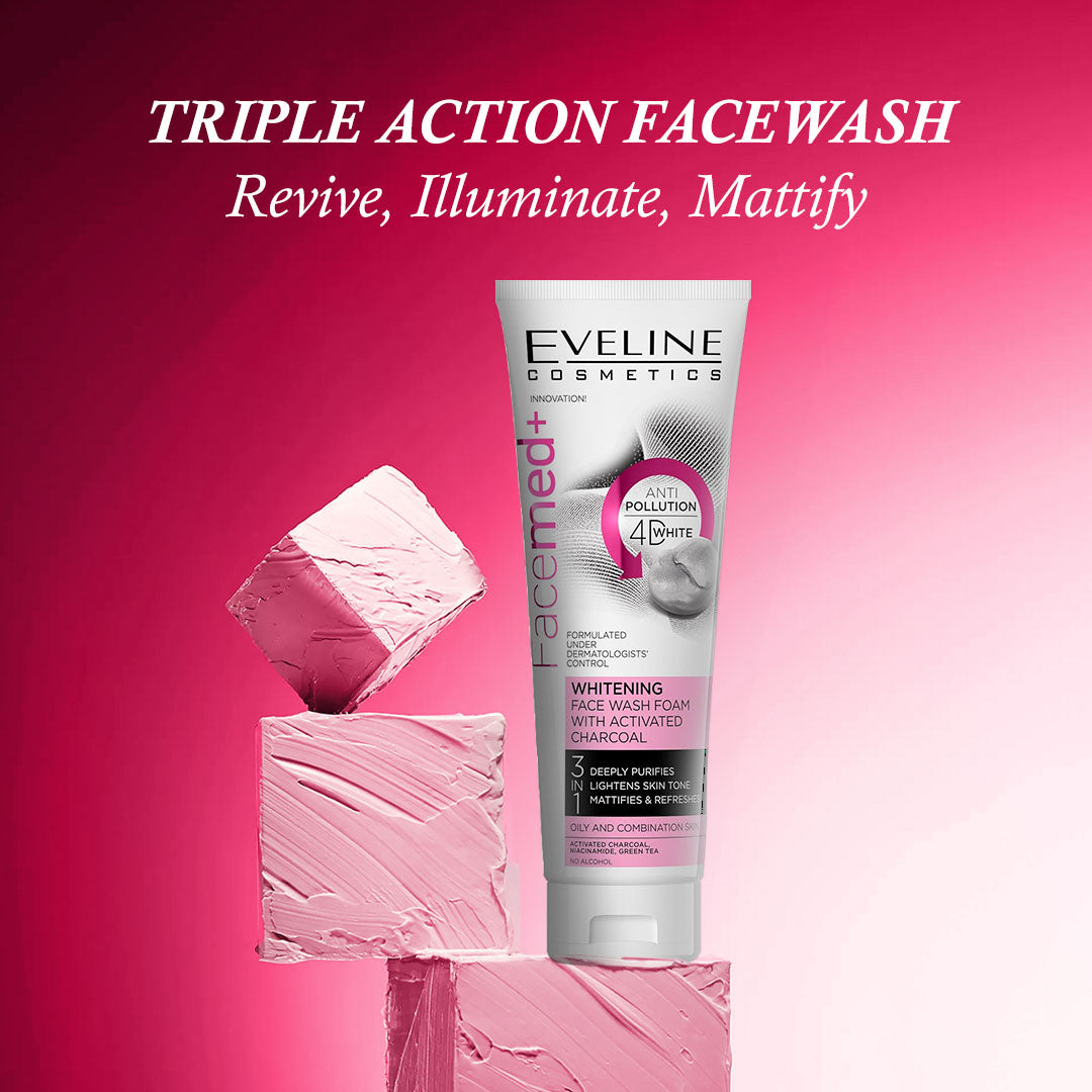 Eveline Cosmetics Facemed+ Whitening Face Wash Foam With Activated Charcoal 3 In 1 100ml