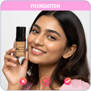 Woman holding a bottle of L.A. Girl Pro Cover foundation with a pink background and text.
