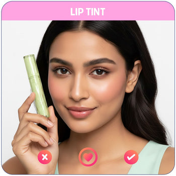 Woman holding a lip tint with product on her lips against a pink and white background